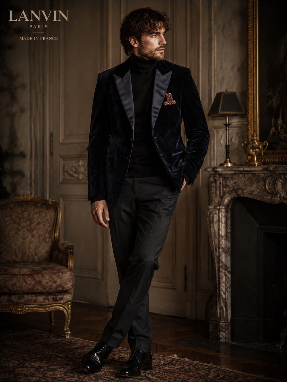 2970$ Lanvin Midnight Navy Velvet Tuxedo Jacket + tax